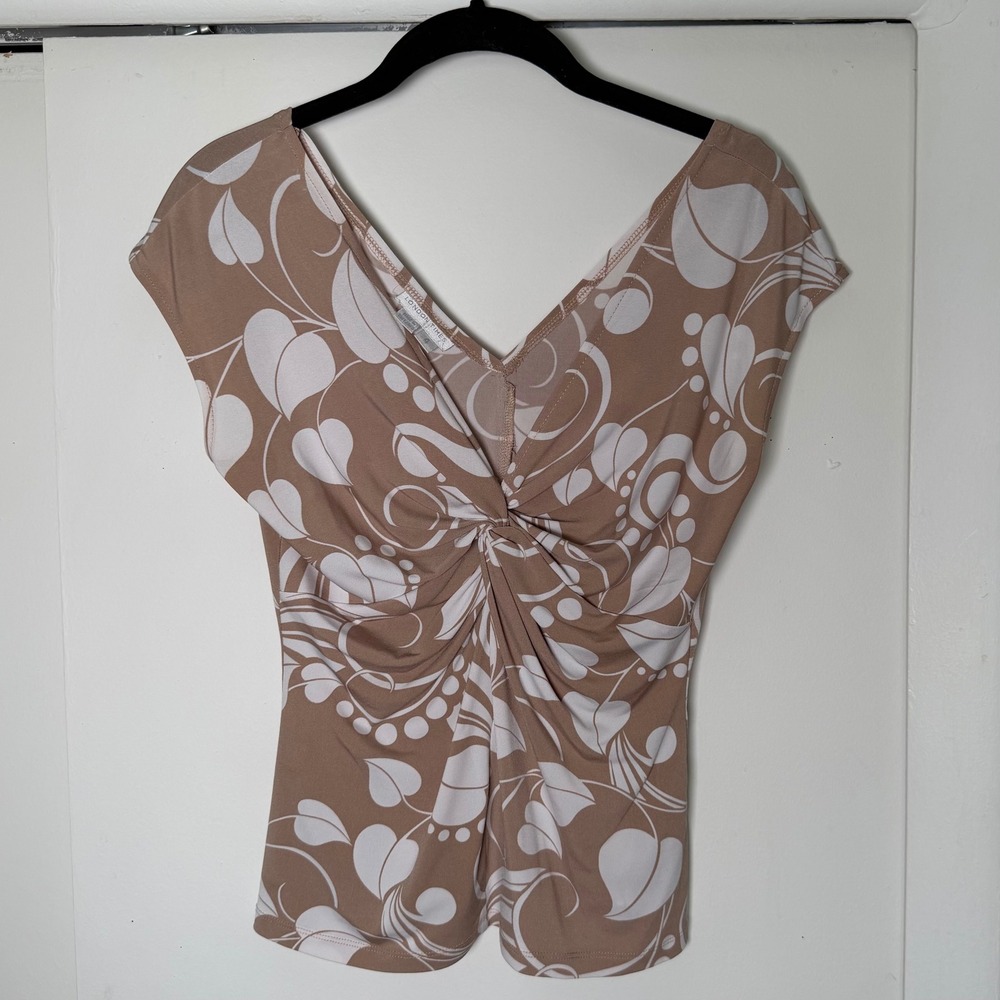 London Times Vintage Two Piece Set Tan White Leaf Print Twist Top Skirt Size 4 S